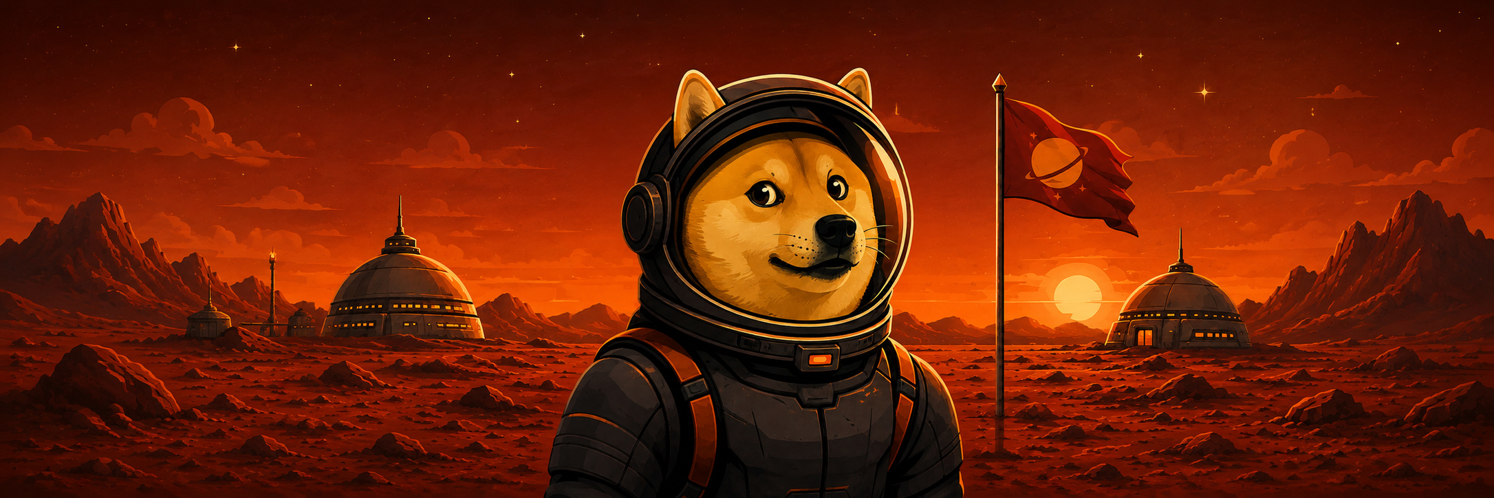 Martian Doge in a black astronaut suit standing on the red Martian plain beside colony domes and a red planetary flag at sunset.